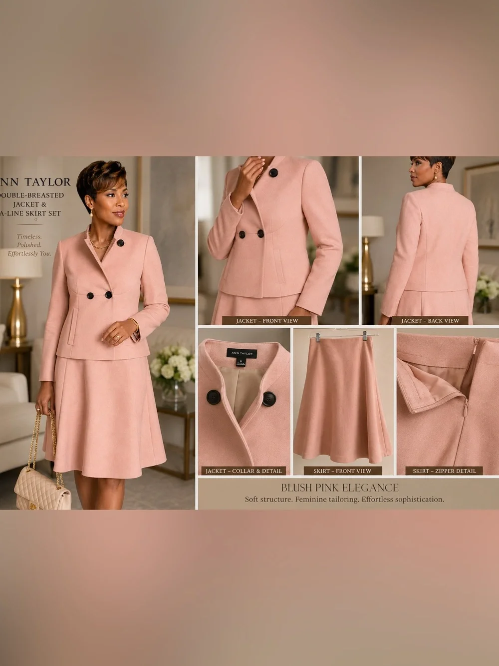 Ann Taylor Blush Pink Two-Piece Knit Skirt Set with Dark Buttons